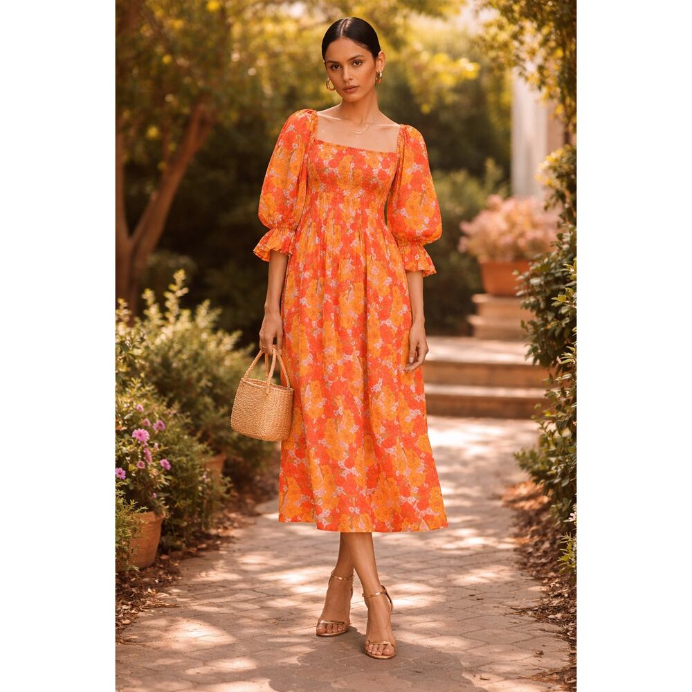 Borgo De Nor Artemis Shirred Cotton Puff Sleeve Midi Dress Orange Floral 6